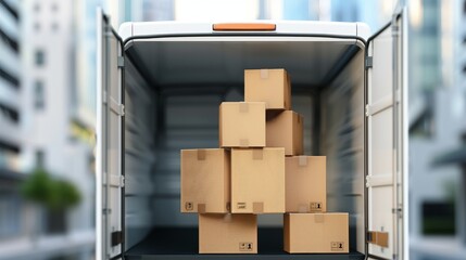 Truck with open back door showing stacked cardboard boxes, online delivery service, detailed transportation, cityscape backdrop, realistic and busy