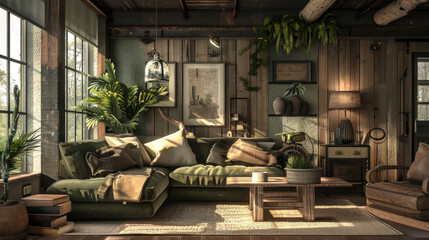 Step into a rustic-inspired living space adorned in the soothing hues of moss green and aged bronze. Natural materials like reclaimed wood and worn leather, combined with cozy textiles.