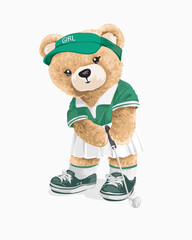 little girly bear doll golfer hand drawn vector illustration