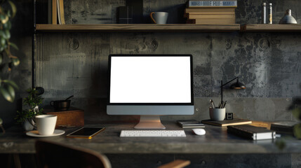 A stylish mockup of a modern computer monitor on a desk. There is also a wireless keyboard, mouse and other items on the table. The room has a modern minimalist style