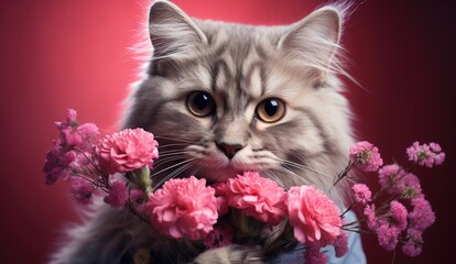 Adorable Fluffy Cat with Pink Flowers on Red Background  Cute Pet Portrait