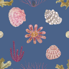  Shells, seaweed watercolor hand-drawn seamless pattern on blue background. High quality illustration for wallpaper, notebooks, scrapbooking, wrapping paper, cards, textile, diving ads design