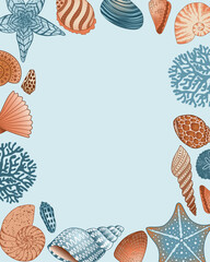 Nautical vector elements frame with empty space for text. Template for a party invitation in a nautical style. Vertical border of brown and blue shells, starfish, corals