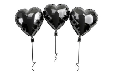 Set of black foil heart shaped balloon isolated on transparent background