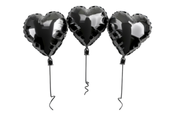 Set of black foil heart shaped balloon isolated on transparent background