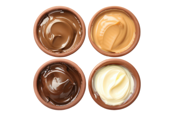 Set of bowl chocolate mayonnaise and sauce isolated on transparent background