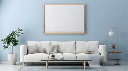Peaceful and Minimalist Living Room with White Sofa and Framed Wall Art