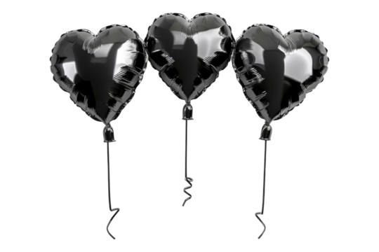 Set of black foil heart shaped balloon isolated on transparent background