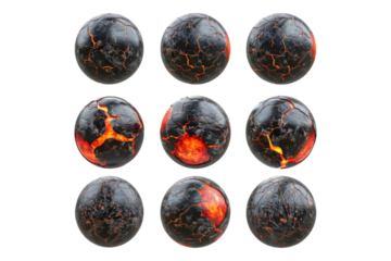 Set of hot lava planet and balls isolated on transparent background