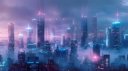 Obraz premium Futuristic Neon-Lit Cityscape with Towering Skyscrapers in the Nightscape