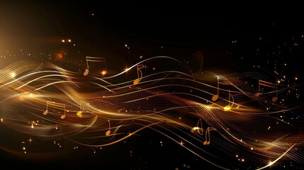 Abstract music note background, golden vector illustration, flowing musical notes, elegant curves, rich golden tones, dynamic and artistic