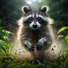 High-speed photography of a racoon running fast in the tall grass, motion blur and a fast shutter speed