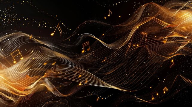Abstract music note background, golden vector illustration, flowing musical notes, elegant curves, rich golden tones, dynamic and artistic