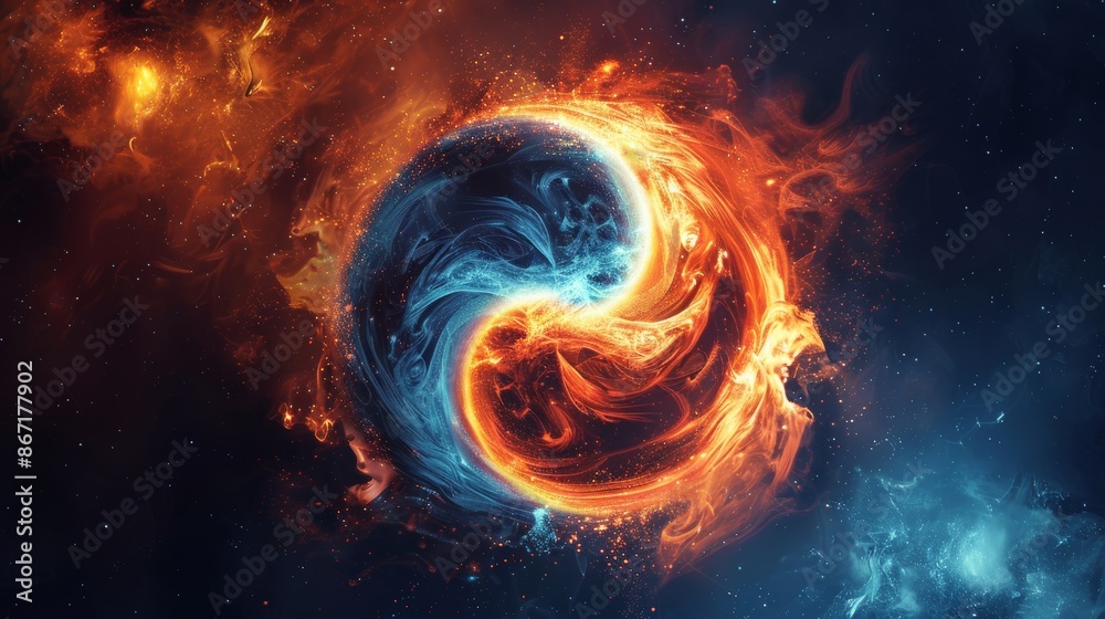 Wall mural abstract yin yang with swirling light and fire, starry universe background, cosmic elements, detaile