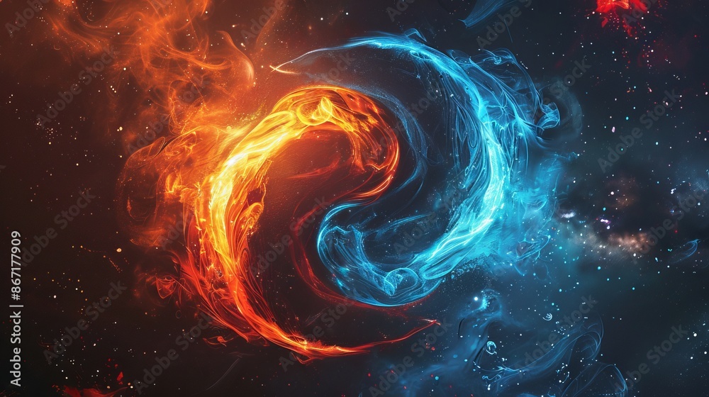 Wall mural abstract yin yang with swirling light and fire, starry universe background, cosmic elements, detaile