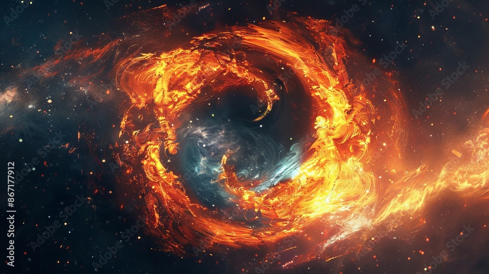 Wall mural abstract yin yang with swirling light and fire, starry universe background, cosmic elements, detaile