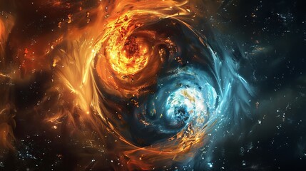 Abstract yin yang with swirling light and fire, starry universe background, cosmic elements, detailed and dynamic design, visually striking