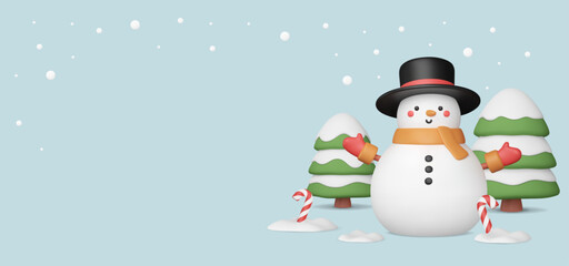 Winter banner with 3d snowman in black top hat, scarf, mittens. New Year cartoon elements. Christmas background with copy space. Snowy trees on background, candy cane in snow. Cute vector character.