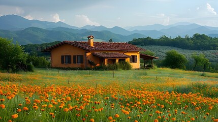 Fototapeta premium Idyllic Rustic Cabin Nestled in Lush Countryside Landscape with Mountain View