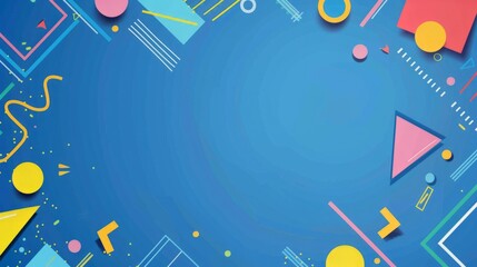 Obraz premium Blue background with colorful geometric shapes and lines, in the cartoon style.