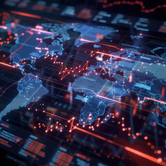 Obraz premium Digital Global Map with Financial Data and Graphs Highlighting Economic Trends and Market Analytics