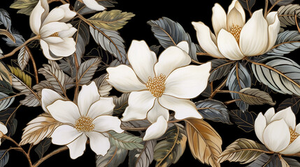 Mosaic art of white magnolia flowers and leaves on a black background,seamless texture,seamless...