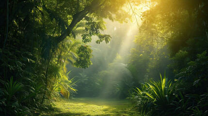 Sunlight in the morning in the tropical jungle. Nature background.