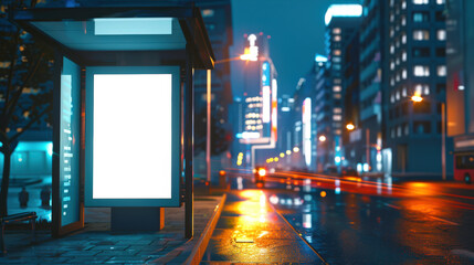 Obraz premium Night mockup of the bus stop. A white billboard stands on a city street at night. The billboard is empty, but the city is bustling with life