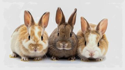 Fototapeta premium Three rabbits sitting on white background, macro photo