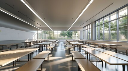 Obraz premium Modern school cafeteria with minimalist design, empty tables awaiting students for the back-to-school return