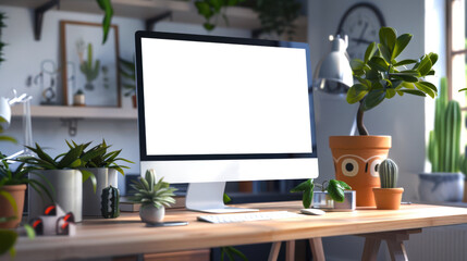 Fototapeta premium A mockup of a computer monitor in a cute funny room with green potted houseplants. There is a computer monitor with a wireless keyboard and mouse on the table