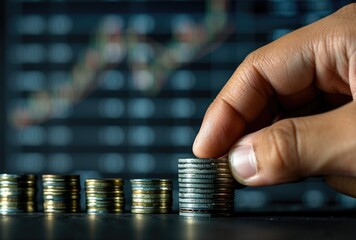 Stacking Coins with Financial Graph Background Economic Growth, Investment, Savings, Wealth Strategy