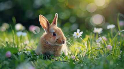 Fototapeta premium A rabbit sitting on the grass in the garden, looking at a flower, macro photo