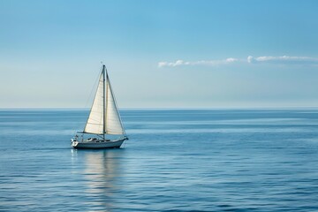 Fototapeta premium A lone sailboat on a vast, calm ocean