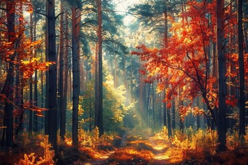 Autumn forest nature. Vivid morning in colorful forest with sun rays through branches of trees. Scenery of nature with sunlight. generative ai.