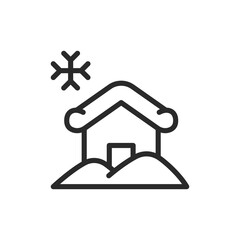 House covered in snow, linear style icon. House buried in snow, snowstorm or heavy snowfall. Editable stroke width.
