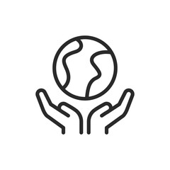 Hands holding earth, linear style icon. Hands holding a globe, care for the planet, environmental protection, and global responsibility. Editable stroke width