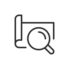 Rolled blueprint with magnifying glass, linear style icon. Blueprint being examined with a magnifying glass, detailed review or inspection. Editable stroke width.