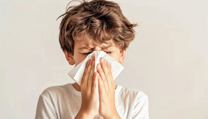 A young boy is sitting, using a napkin to wipe his nose, displaying signs of relief or discomfort