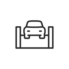 Car on lift, linear style icon. being lifted for maintenance or repair. Editable stroke width.