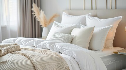 Modern bedroom design, elegant bedding, plush pillows, warm and comfortable blankets