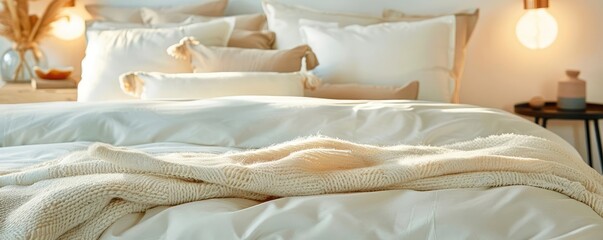 Upscale bedroom, luxurious bedding, fluffy pillows, cozy and stylish blankets