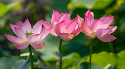 Obraz premium Serene Pink Lotus Blossoms Floating on Calm Pond with Lush Green Foliage
