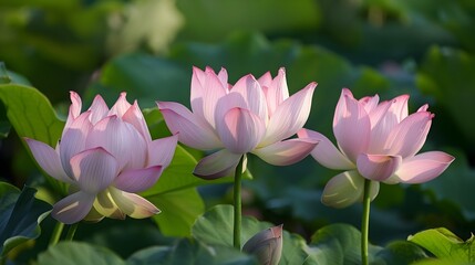 Beautiful Pink Lotus Flowers Blooming in Peaceful Pond Surrounded by Green Leaves