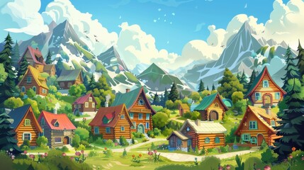 Idyllic Village in the Mountains. A Cartoon Illustration of a Peaceful and Picturesque Mountain Town
