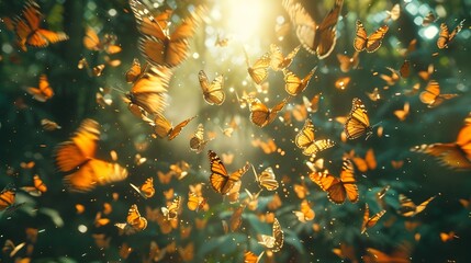 Enchanting Butterfly Swarm Illuminated by Golden Sunlight in Lush Forest