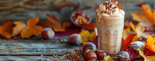 A rich, creamy chestnut smoothie, with fall foliage as a backdrop, Rustic, Earthy tones, Photography