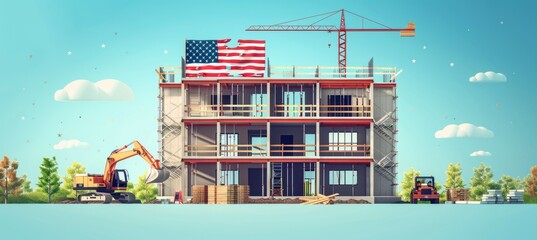 Building construction with crane and America flag. 4th of July or America independence day. Generative AI technology.