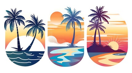 Abstract design featuring tropical sunset and palm trees in three different styles on white background, colorful, illustration, art, graphics, clipart, clipart set,