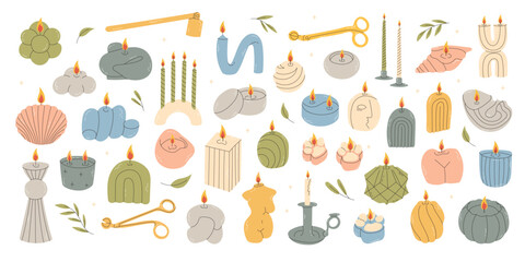Aroma candles. Decorative hand drawn burning candles. Handmade decorative shaped aromatic candlelight with flames flat vector set. Candlelight flame vector stock set.